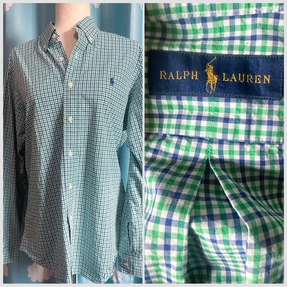 Ralph Lauren plaid blue green casual button down. - Picture 1 of 5